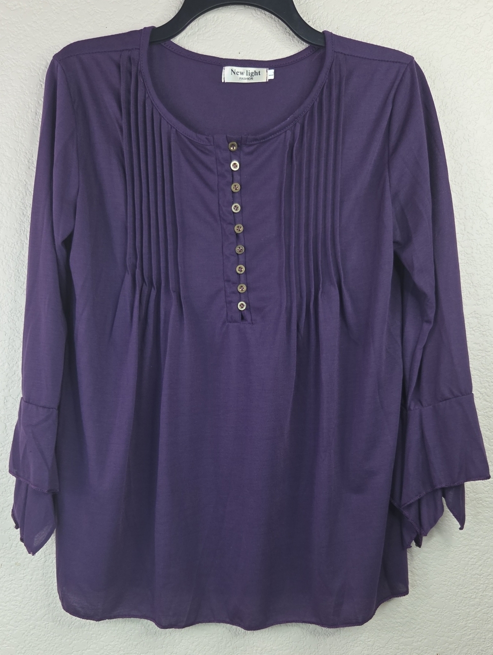 Women's Purple Pintuck Button-Front Peasant Blouse